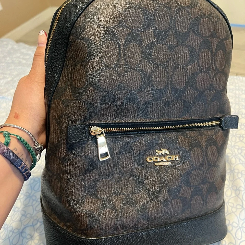 Coach Men’s Dark Brown Signature Canvas Backpack with Black Trim - Picture 2 of 5